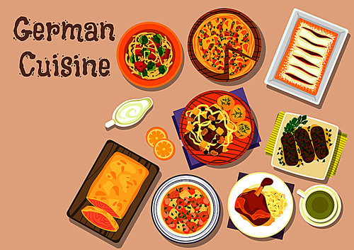 german cuisine lunch dishes icon with ham hock, pork roll,  sausage stew, pie, salmon in flaky dough, pork ribs sauerkraut stew, sherry strudel, brussel sprout soup with noodle