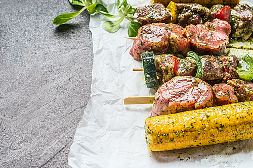 Various meat , vegetables and corn skewers  for grill or roasting, close up