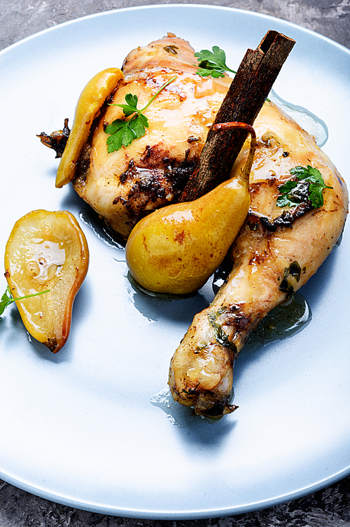 Chicken stewed in pear sauce.Autumnal meat dish