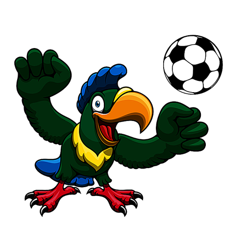 Happy bright parrot player cartoon character with soccer ball, for sports club or team mascot design