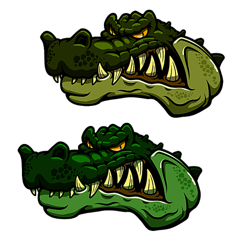 angry crocodile character head with bared teeth and rugged armored green skin, for sporting mascot or  design