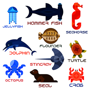 Cartoon marine animals named flat icons with atlantic crab, jumping dolphin, swimming turtle, octopus, jellyfish, hammer fish, bright red seahorse, common seal, stingray and flounder. Water mammals, fish, reptiles and invertebrates colorful design for children book, zoo aquarium and nature mascot