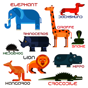 Bright cartoon icons of animals with flat silhouettes of african elephant, giraffe, lion, rhino, hedgehog, dachshund, hippo, crocodile, kangaroo and snake. Wildlife and zoo mascot, children book and nature theme design