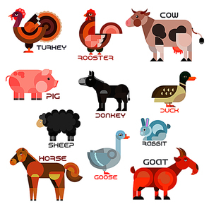 Farm animals and birds cartoon symbols with flat named icons of domesticated pig, cow, sheep, horse, duck, goat, rooster, donkey, goose, turkey. Agriculture, livestock farm mascot or nature concept design