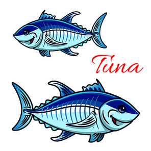 Cartoon atlantic bluefin tuna characters. For aquarium zoo or sporting fishing mascot design with large smiling tunnies fishes with silvery blue scales and dark stripe on spine