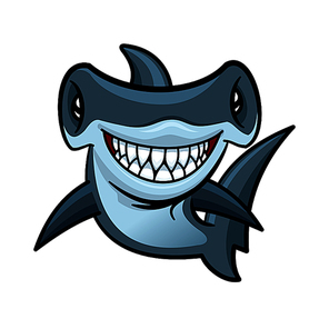 Happy voracious cartoon hammerhead shark with charming smile of lethal sharp teeth. Funny marine animal character for children book or sea club mascot design