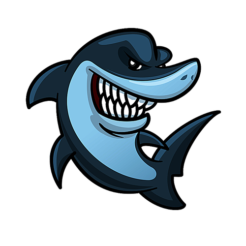 Cartoon hungry shark is jumping out the water for hunting. Funny carnivorous marine animal character for underwater wildlife mascot or t-shirt  design usage