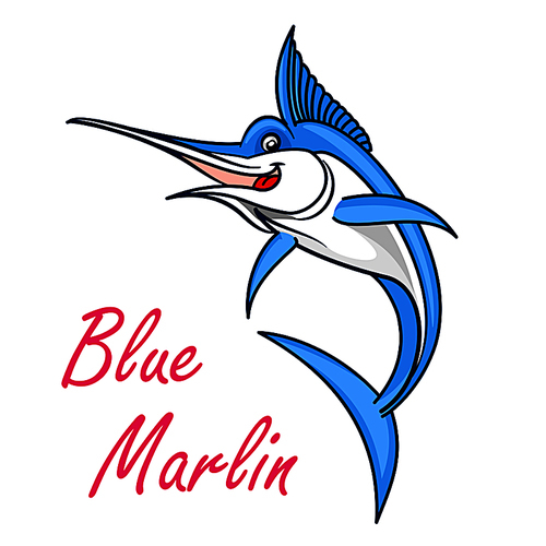 Atlantic blue marlin cartoon symbol of game fish with long, lethal spear shaped upper jaw. Sporting fishing emblem or oriental seafood design usage