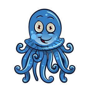Cute cartoon jellyfish character with blue transparent body and smiling face. May be use as zoo aquarium symbol or underwater wildlife hero design