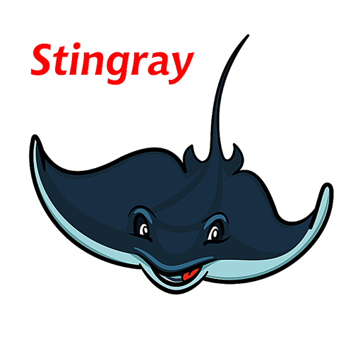 Swimming cartoon deepwater stingray fish character friendly smiling and waving curved elongated fins. Childish stylized marine animal for mascot or t-shirt  design usage