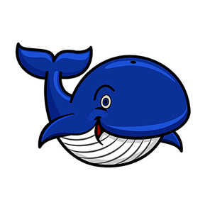 Cartoon baleen whale character with blue spine and striped white underside swimming with playfully raised tail and happy smile. Use as marine wildlife mascot or t-shirt  design