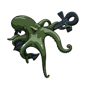 Deadly dangerous greyish green monstrous octopus cartoon symbol twined around vintage ships anchor. Marine club symbol, shipwreck theme or tattoo design usage