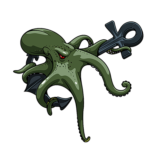 deadly dangerous greyish green monstrous octopus cartoon symbol twined around vintage ships anchor. marine club symbol, shipwreck theme or  design usage