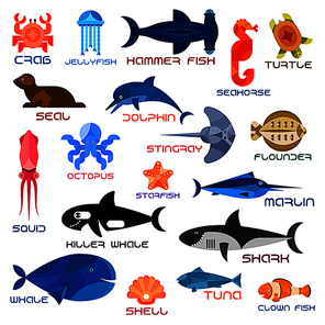 Oceanarium animals and fishes. Ocean and sea vector icons of crab, jellyfish, hammerhead fish, seahorse, turtle, seal, dolphin, squid, octopus, stingray, flounder, starfish, marlin killer whale shark whale shell tuna clown fish