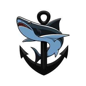 Shark and Anchor heraldic emblem. Vector nautical icons for marine sport club mascot, nautical guard shield, t-shirt