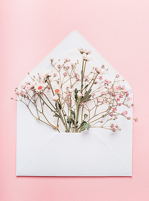 Opened envelope with flowers arrangements  on pink background, top view. Festive greeting concept