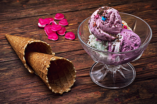 fruit ice cream in  bowl.The image is tinted in vintage style.Shallow DOF