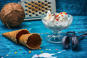 coconut ice cream in  bowl and two waffle cup.Selective focus