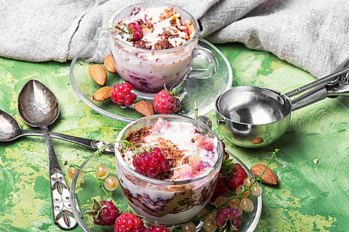 ice cream with raspberry and spoon for ice cream