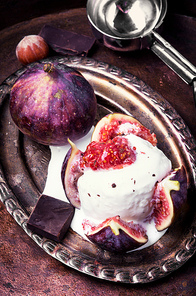sundae dessert ice cream with figs in retro style