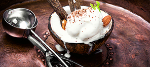 Ice cream with almond and cinnamon flavor in a coconut dish