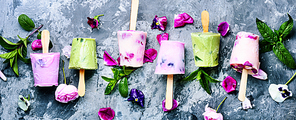 Vanilla ice cream with fresh flowers and mint.Set of ice cream.Summer sweet menu