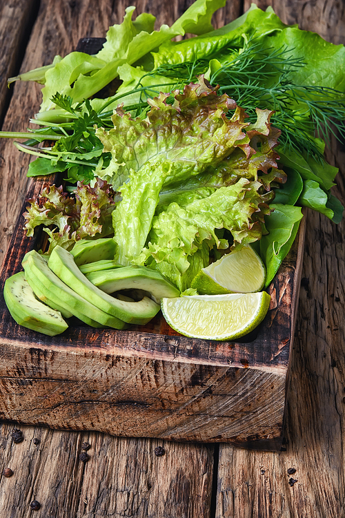 Vegetarian salad with Lollo Rossa,avocado and lime.Salad leaf