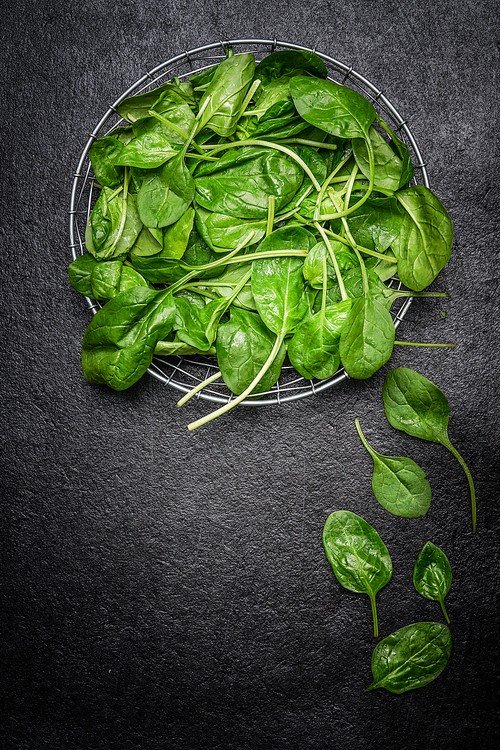 Fresh spinach leaves in metal bowl on dark background, top view