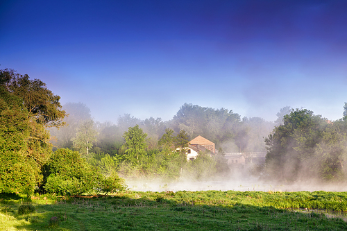 Misty morning on the river. Foggy River landscape through misty marshland on an early morning in spring. House and village in a fog