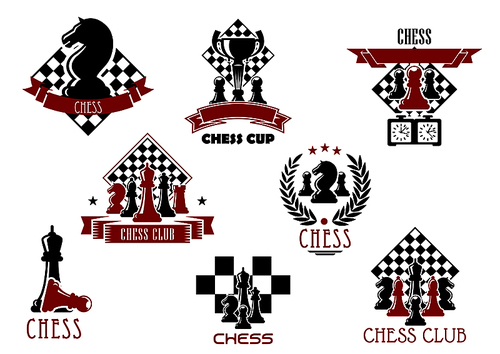 Chess game or sport club emblems and icons with chessboard, king, queen, rook, bishops knight and pawns pieces, clock and trophy. Decorated by heraldic wreath, ribbon banners and stars