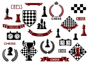 Chess game items and heraldic elements with chessboard, queen, king, bishop, knight, rook and pawn, clock, trophy, checkered shield, wreath, ribbon banner and crown