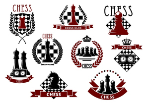 Chess icons with red and black kings, queens, rook, knight, pawns chessman and clocks on chessboard and checkered shield. Adorned by laurel wreaths, ribbon banners and crowns