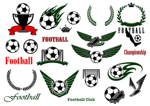 Football or soccer sport game heraldic elements with balls, trophy, shoes, laurel wreaths, gates, text, ribbon banners, crowns, wings and fire flames