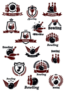 Bowling club or tournament icons and symbols design in red and blue colors with balls, ninepins, strikes and trophy cups on lanes. Adorned by wreaths, shields, ribbon banners, stars, crowns and wings