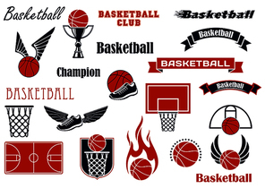 Basketball sport game and competition symbols for sport emblems or badges design with balls and shoes, wings, flames and stars, baskets, backboards, courts and ribbon banners