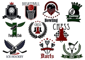 Sports game heraldic emblems with elements and sports items of football, soccer, basketball, ice hockey, billiards, darts, golf, chess, volleyball and bowling
