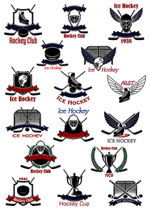 Ice hockey sporting icons and symbols design with crossed sticks, pucks, trophies, gates, goalie masks and skates, supplemented by ribbon banners, wings, wreaths and shields
