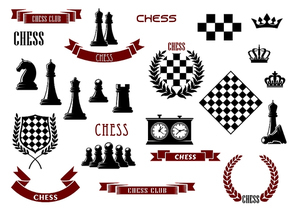 Chess game items, icons and heraldic elements for sporting emblems design with chessboard, queen, king, rook, knight and pawn pieces, clock, checkered shield, laurel wreaths, crowns and ribbon banners
