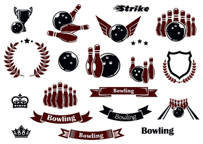 Bowling sport game items for sporting club or tournament emblems design with ninepins, balls, lane and trophy cup, heraldic shield with laurel wreaths, ribbon banners, crowns and stars