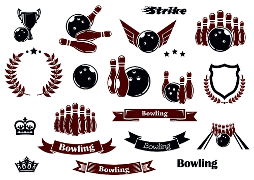 Bowling sport game items for sporting club or tournament emblems design with ninepins, balls, lane and trophy cup, heraldic shield with laurel wreaths, ribbon banners, crowns and stars