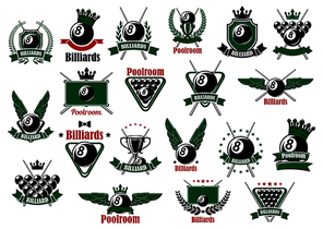 Billiards, pool and snooker sport icons for poolroom or competition emblems design with balls, cues, tables, winged and crowned lucky black balls, trophy cups, medieval shields, wreaths, ribbon banners and stars