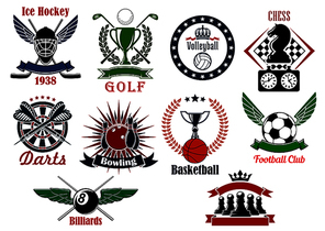 Icons of ice hockey, football or soccer, basketball, volleyball, bowling, billiards, chess, golf and darts for sport club emblems or tournament badges design usage