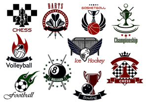 Set of sporting emblems or icons representing different sports and championships. Chess, darts, golf, basketball, volleyball, ice hockey, bowling, pool, soccer and football icons included