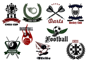 Football or soccer, golf, ice hockey, basketball, bowling, chess, billiards and darts sport emblems with heraldic elements and sporting items