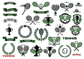 Tennis sport game icons and symbols wit heraldic elements as rackets, laurel wreath, banners, ribbons, trophy, balls and crowns
