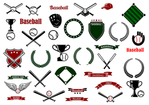 Baseball game sport items and heraldic elements with balls, crossed bats, trophies, gloves, baseball fields and home plate, shields, wreaths, ribbon banners and stars