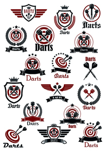 Sporting emblems for darts game club with arrows on red dartboards and crowned medieval shields with wings, supplemented by laurel wreaths, ribbon banners and stars