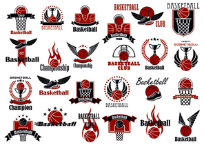 Basketball game emblems in orange and blue colors for sporting design with balls, baskets, courts and trophies, decorated by stars, wings, flames, laurel wreaths and ribbon banners