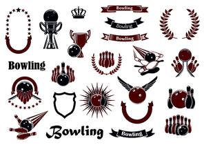 Bowling game sporting items and heraldic elements with balls, ninepins, lanes and trophies, ribbon banners with stars, shield, laurel wreaths and crown