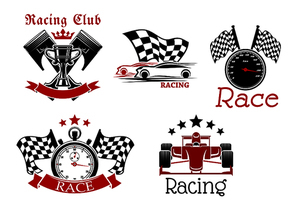 Sporting racing cars, speedometer and stopwatch with racing flags, champion trophy cup with crossed pistons on the background icons for racing club or motorsport competition design adorned by ribbon banners, stars and crown